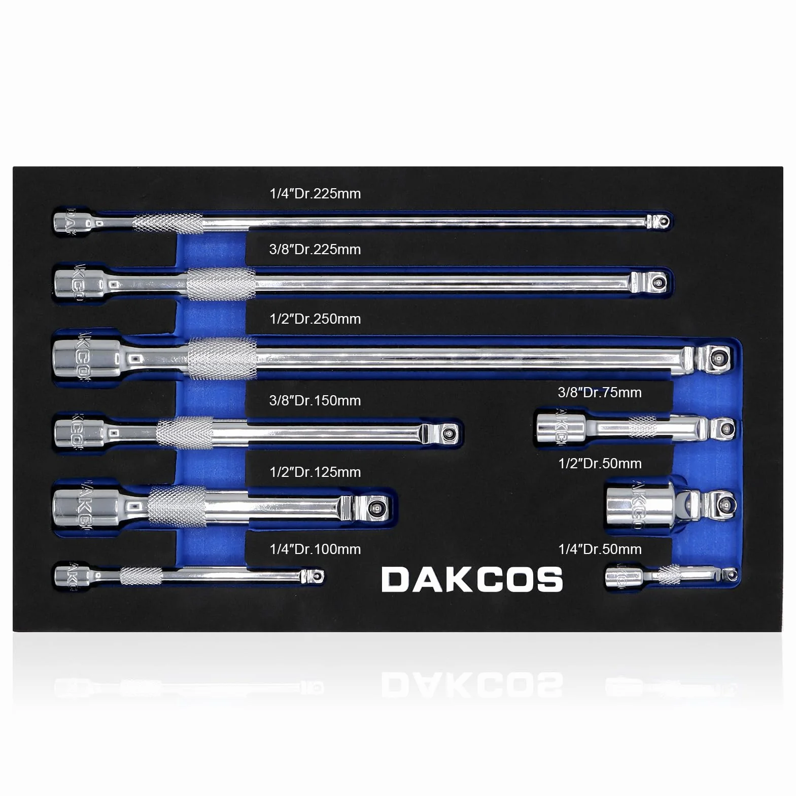 DAKCOS Jeu de 9 Rallonge Cliquet 1/4",3/8",1/2" à bascule en CR-V avec moletage longueur différente