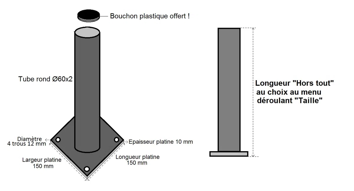 Générique LeMétal – Poteau Rond Acier Ø 60x2 mm (120 cms) - Longueur au Choix de 50 à 300 cms - Bouchon Plastique Offert !