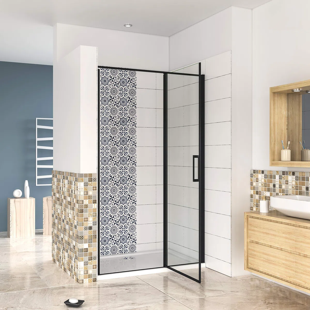 AICA porte de douche pivotante 120x185cm NOIR MAT en verre anticalcaire installation en niche