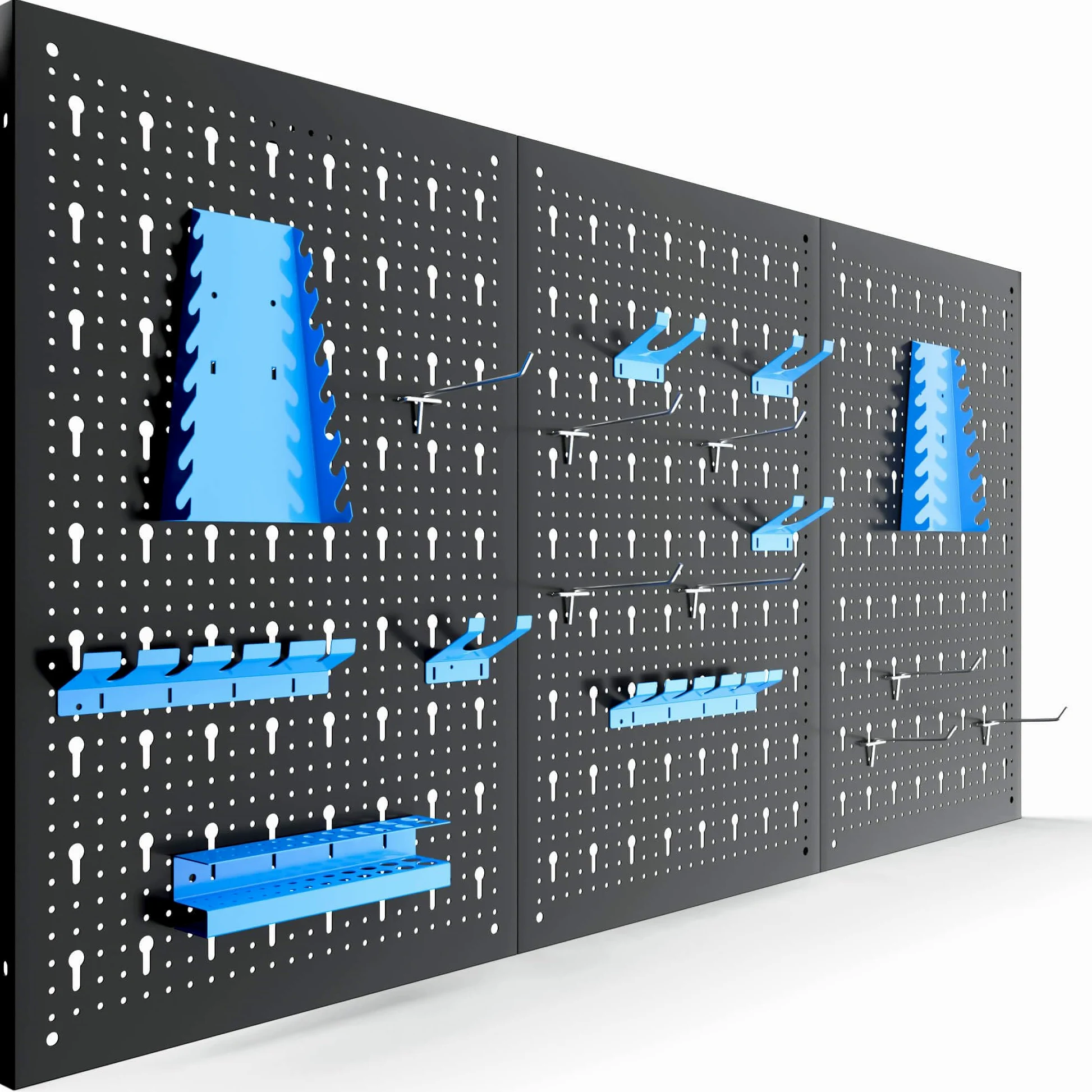 Arebos Paroi à outils en trois parties | Jeu de 17 crochets bleu | 117,6 x 59,5 x 2 cm | Paroi à outils perforée en métal + supports + matériel de montage