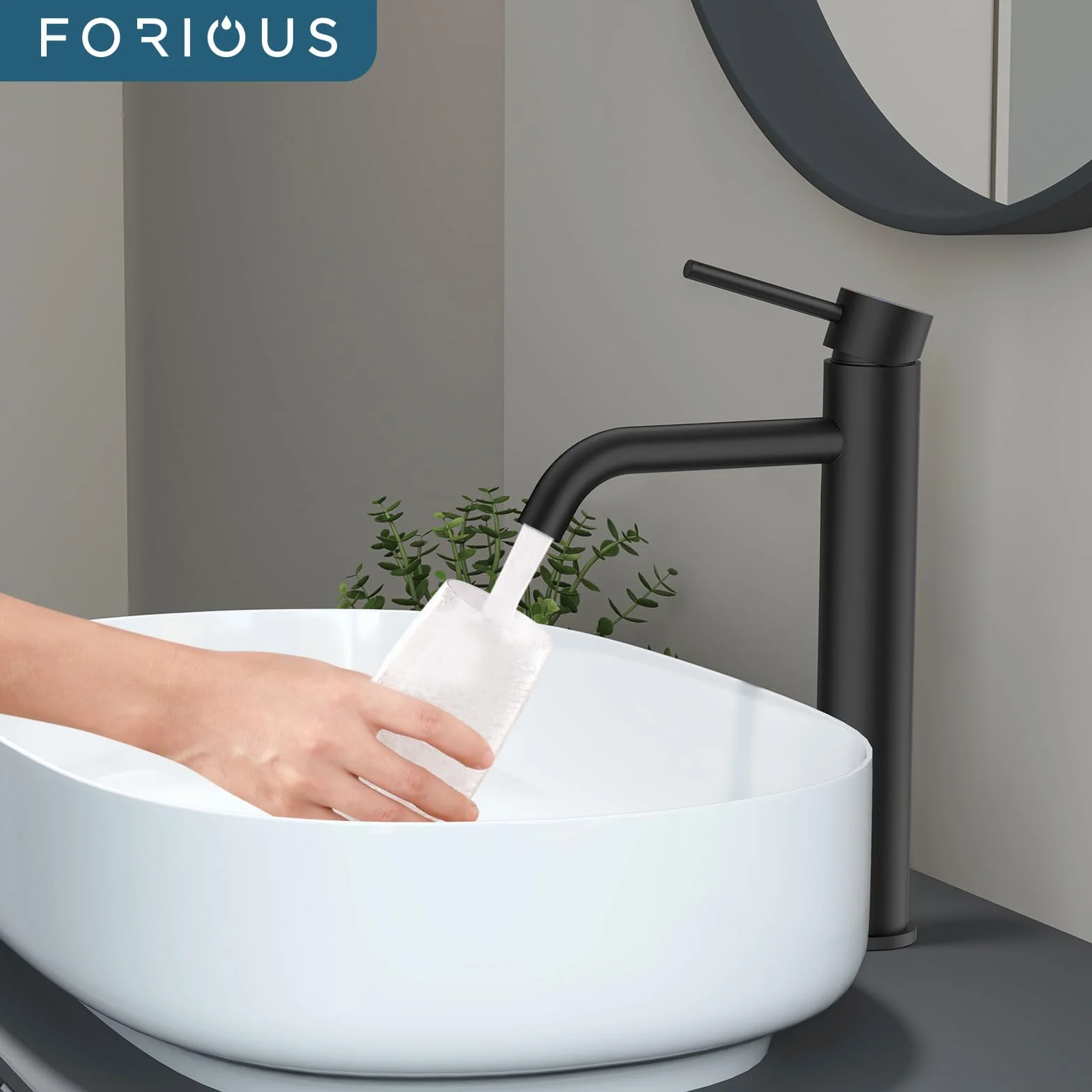 FORIOUS Robinet de Lavabo pour Salle de Bain, Mitigeur Haut en Noir avec Hauteur de Bec de 190 MM, Mitigeur à Levier Unique pour Lavabo dans la Salle de Bain, les Toilettes des Invités