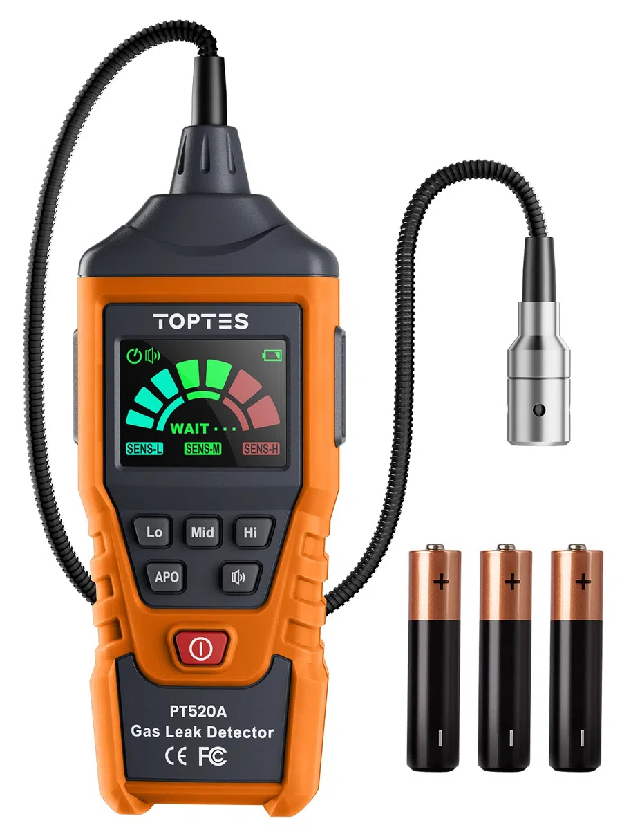 Détecteur de Gaz Naturel, TopTes PT520A Détecteur de Fuites de Gaz avec Une Sonde Flexible de 43,5 cm, pour Les Fuites de Gaz comme Le Propane, Le Gaz Naturel, Le Méthane (3 Piles Incluses) - Orange