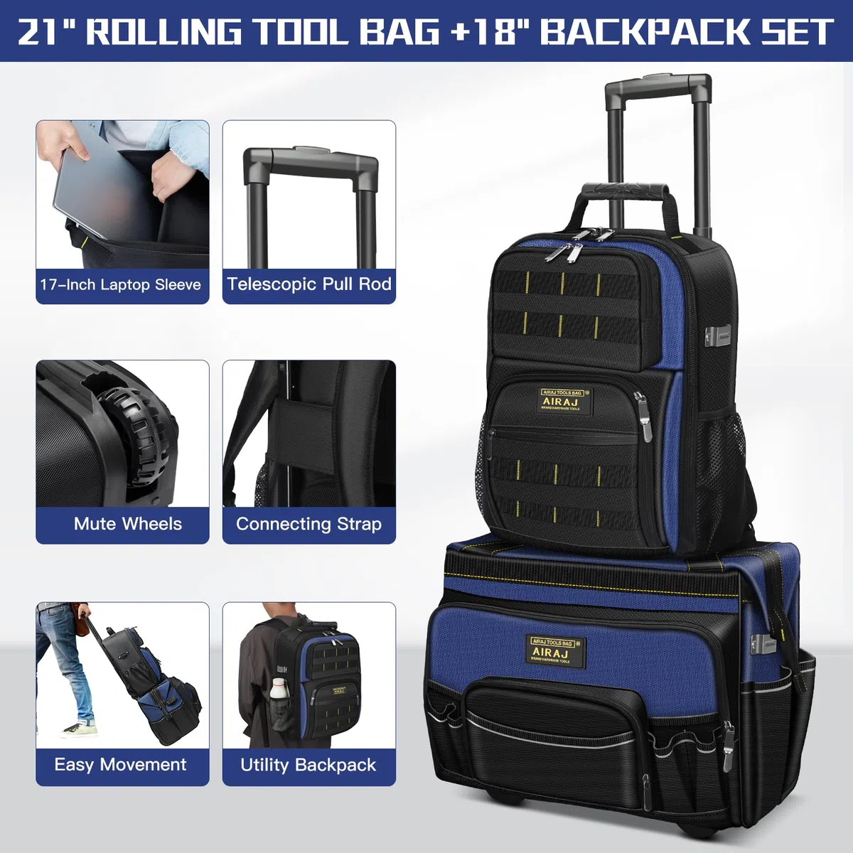 Sac a Outils à Roulettes 21 Pouces+Sac à Dos à outil 18 pouces AIRAJ,Poignée Télescopique Réglable,Sac Outils Imperméable,Sac à Dos à Outils Robuste,1680D Tissu Oxford,Port de Recharge USB,55 Poches