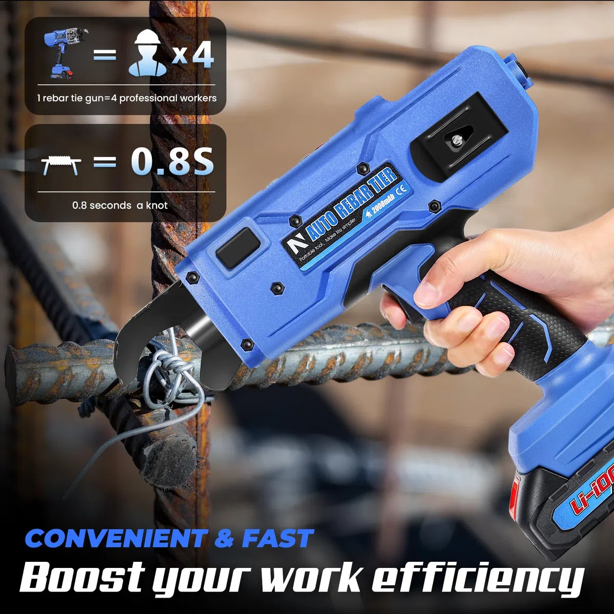 NEWTRY 20V Lieur fil fer d'armatures Professionnel Automatique Pince à Ligature sur Batterie pour Barres d'acier de 0,3'' ~ 1.33'' (7~34mm), avec 2 Batteries 2,0 Ah et Chargeur (bleu)