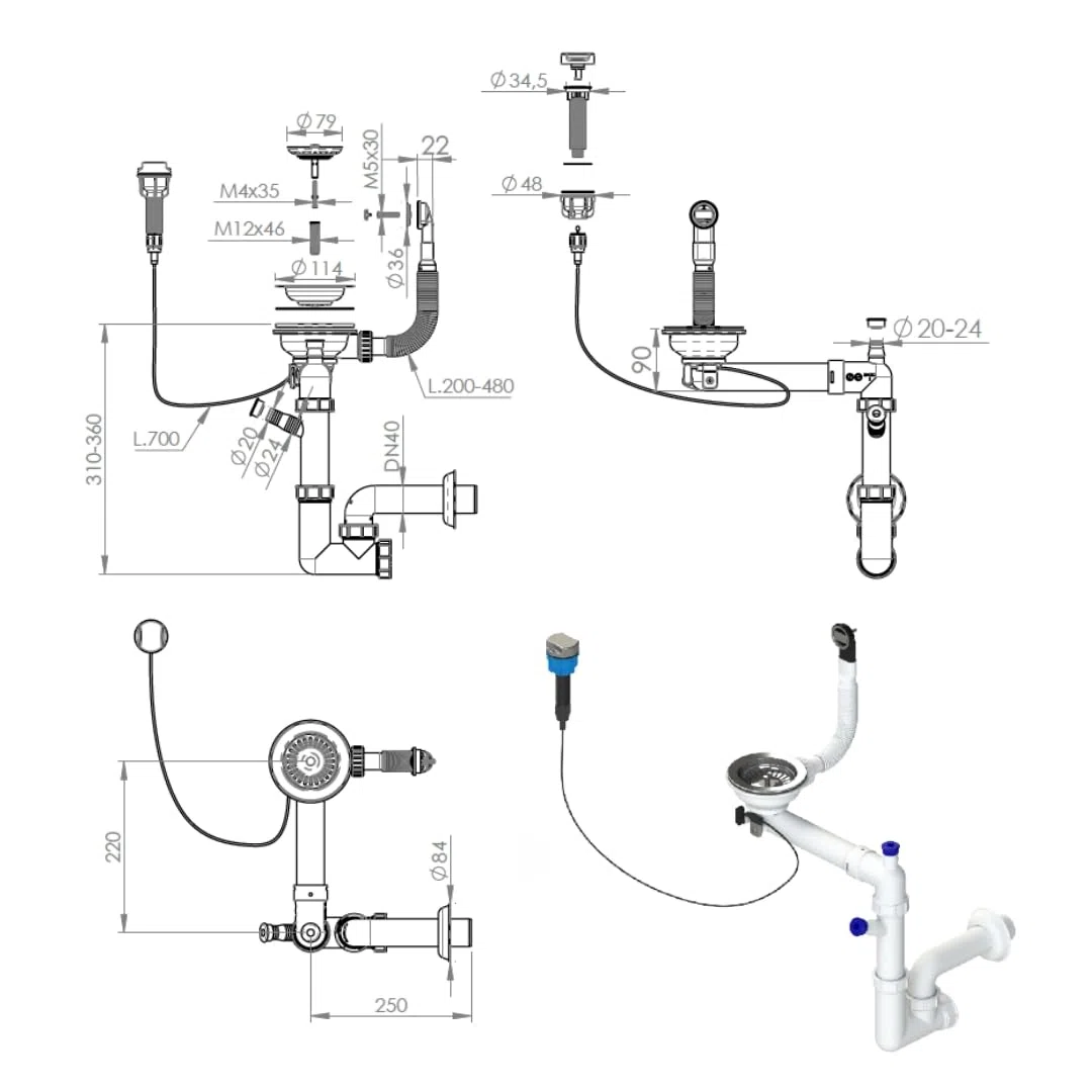 GRANMASTER Siphon automatique à 1 chambre peu encombrant avec trop-plein – Bonde pour évier – Raccordement sur la partie inférieure : panier à tamis 1 1/2" Valve excentrique 3 1/2" 30 x 25 x 35 cm