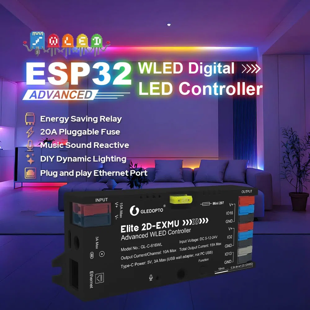 GLEDOPTO Contrôleur ESP32 WLED Elite - Relais, Ethernet, Audio Réactif, Fusible 20A - Pour Bandes LED Adressables Numériques WS2811, WS2812, SK6812, WS2815 (noir)