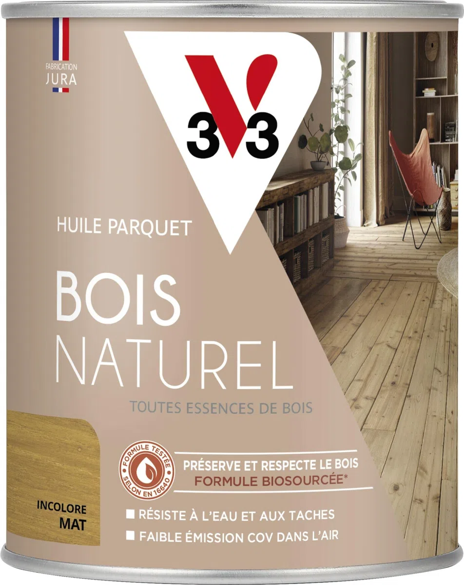 V33 Huile parquet bois naturel, Incolore Mat 0,75L | Toutes essences de bois, Résiste à l'eau et aux taches