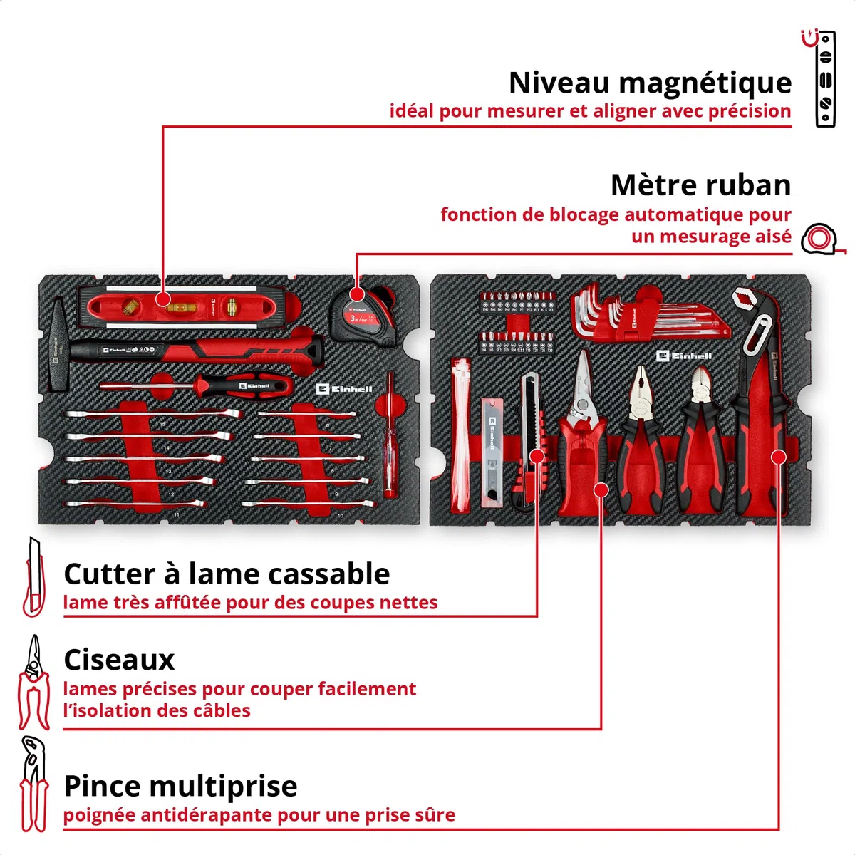Original Einhell E-Case coffret à outils 79 pièces déménagement (marteau de mécanicien, pinces, accessoires d’embouts, cutter à lame sécable, mètre ruban, niveau à bulle, clés mixtes, coffret système)