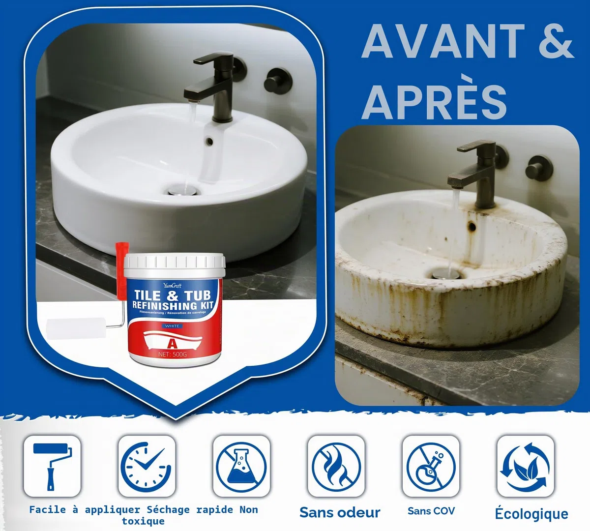 Kit de Rénovation de Baignoire et Carrelage 1000g, Peinture Blanche Brillante Étanche avec Outils & Durcisseur, pour Baignoire, Lavabo, Plan de Travail, Céramique, Porcelaine, Salle de Bain & Cuisine