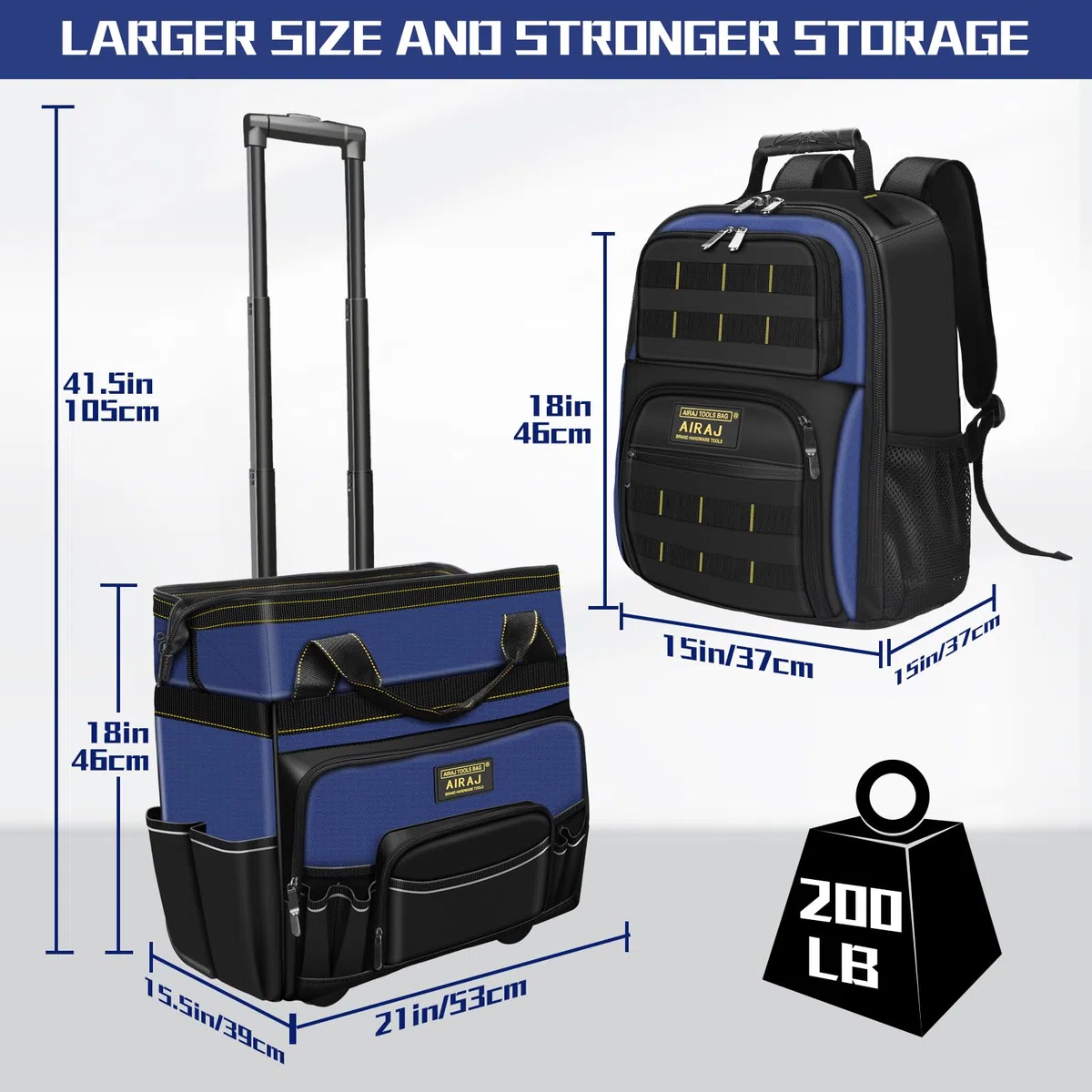 Sac a Outils à Roulettes 21 Pouces+Sac à Dos à outil 18 pouces AIRAJ,Poignée Télescopique Réglable,Sac Outils Imperméable,Sac à Dos à Outils Robuste,1680D Tissu Oxford,Port de Recharge USB,55 Poches