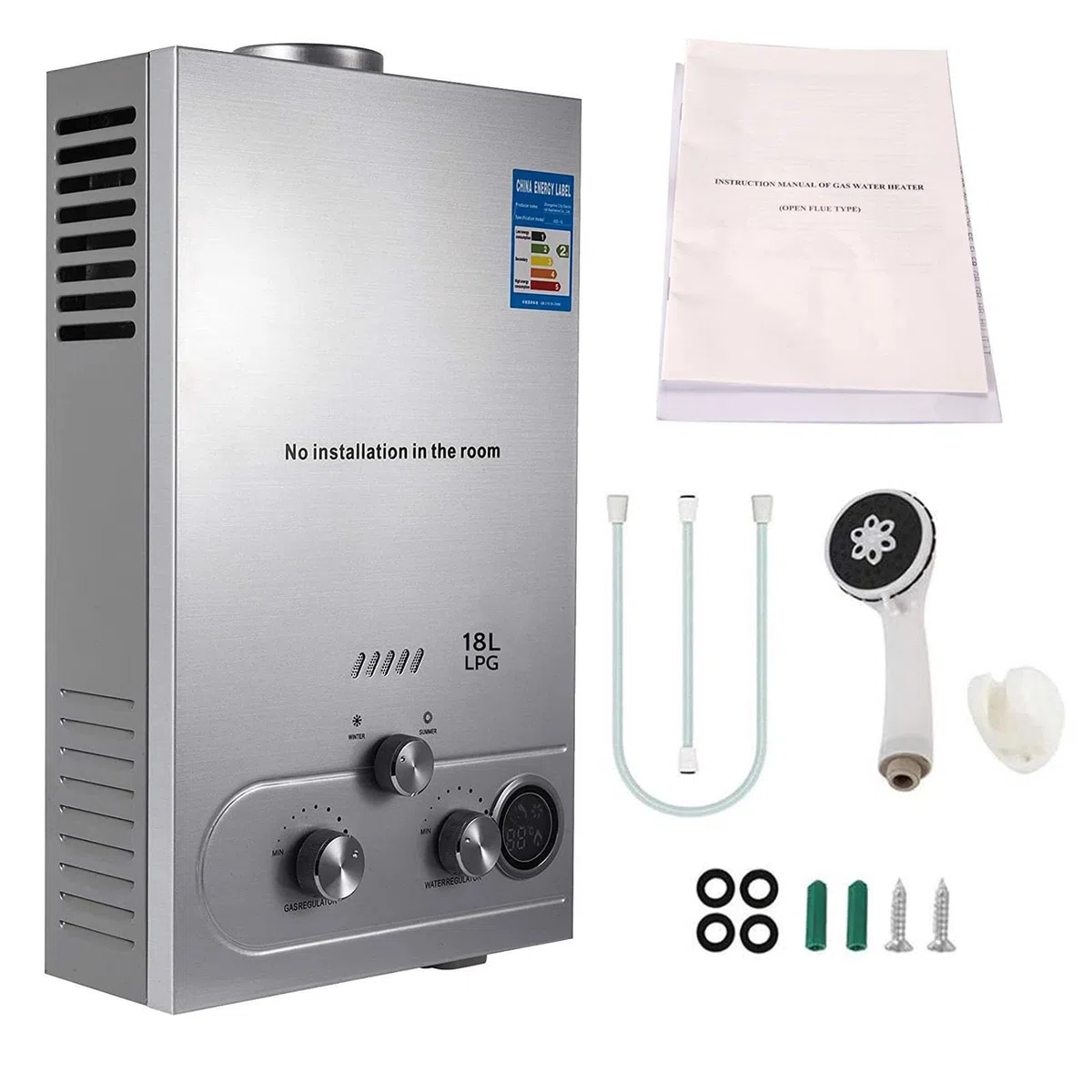 Chauffe-Eau à Gaz 6/8L GPL LPG avec Modes Hiver et Été, Avec pommeau de douche à effet pluie et tuyau de douche,Chauffe-Eau Instantané INOX Certifié CE,Pour camping en plein air et douche en VR (6L)