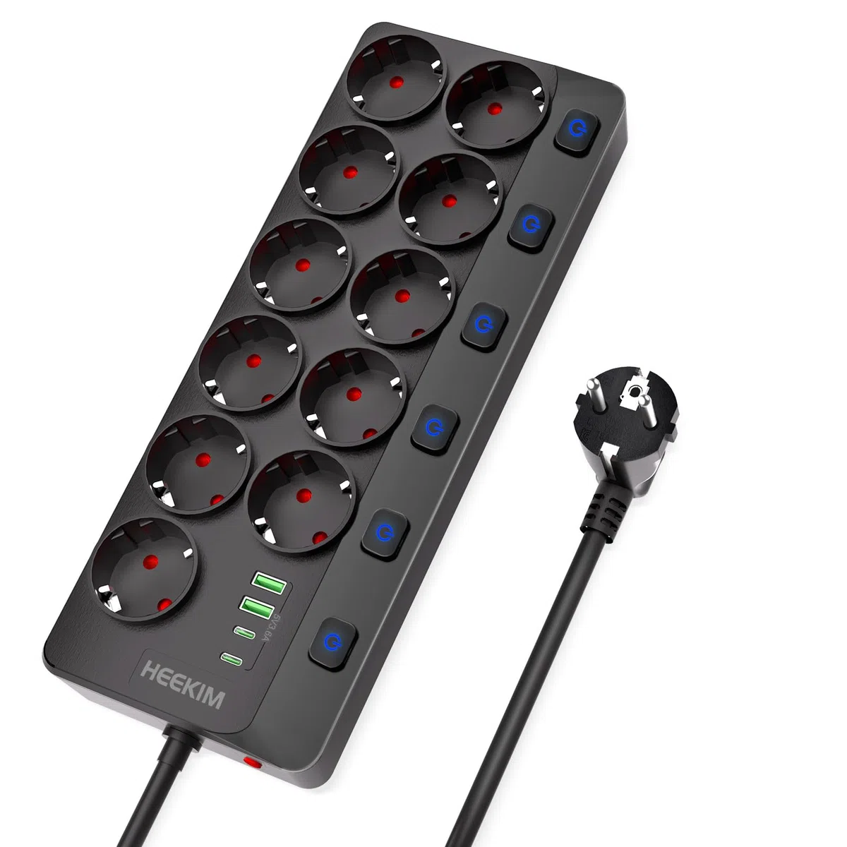 HEEKIM Multiprise, Multiprise Murale Commutable Individuellement 11 Prises avec 2 USB-A et 2 USB-C, 4000W/16A (Noir, 2M)