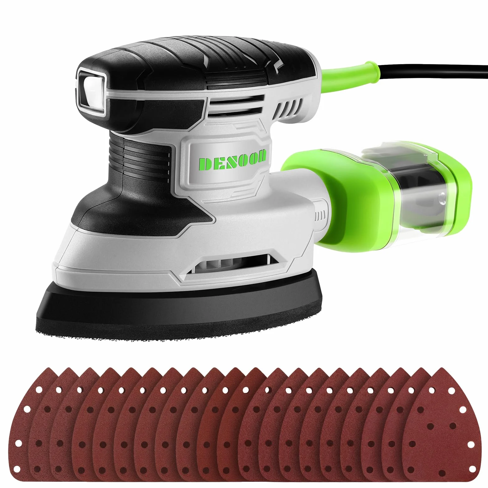 DESOON Ponceuse Bois 180W: 13,000 RPM, Ponceuse Triangulaire avec D'une Aspiration, D'un Bac À Poussière Et De 20 Feuilles Abrasives Autocollantes, pour Ponçage du Bois, Métal, Bricolage
