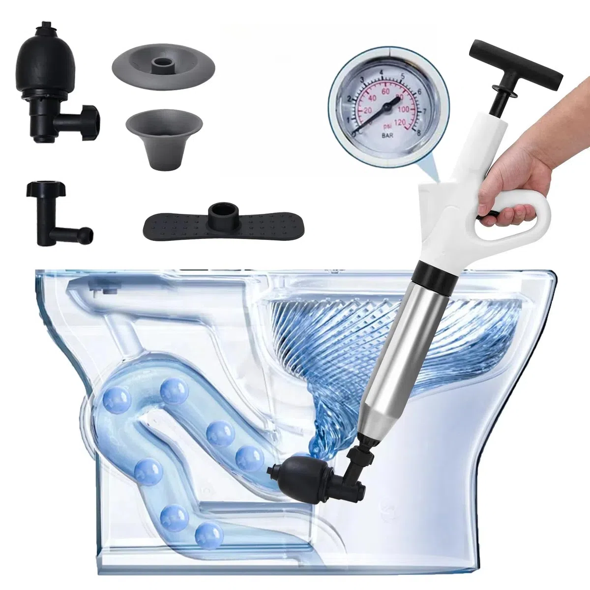 Déboucheur de toilettes très résistant, déboucheur de toilettes, kit de piston haute pression avec 4 têtes remplaçables et semelle intérieure gonflable pour débloquer l'évier de la cuisine