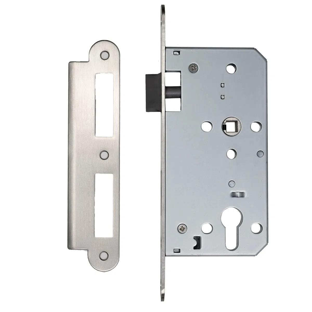 Serrure à larder FELGNER cylindre profilé | pour de porte en bois | Boîtier de serrure en tôle galvanisée + loquet en plastique | Têtière 20mm - axe 55mm - Din gauche et droite