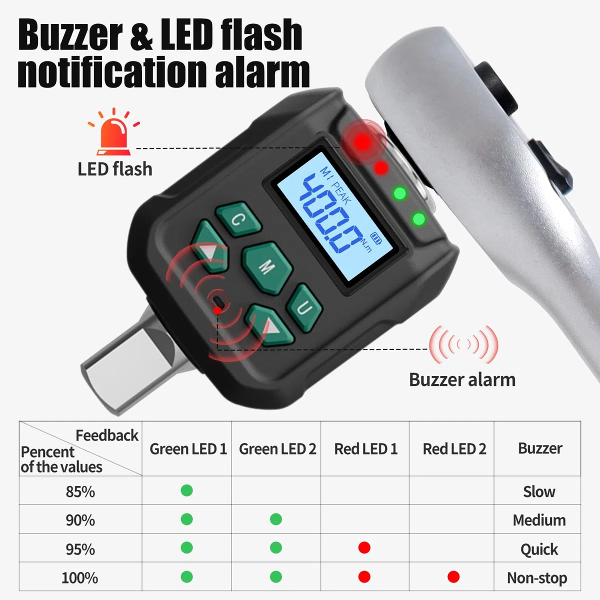 Adaptateur de couple numérique 1/2" ±2 % de précision 20-400 Nm avec signal sonore et affichage LED, kit d'adaptateur de douille 1/4" 3/8", pour la réparation automobile