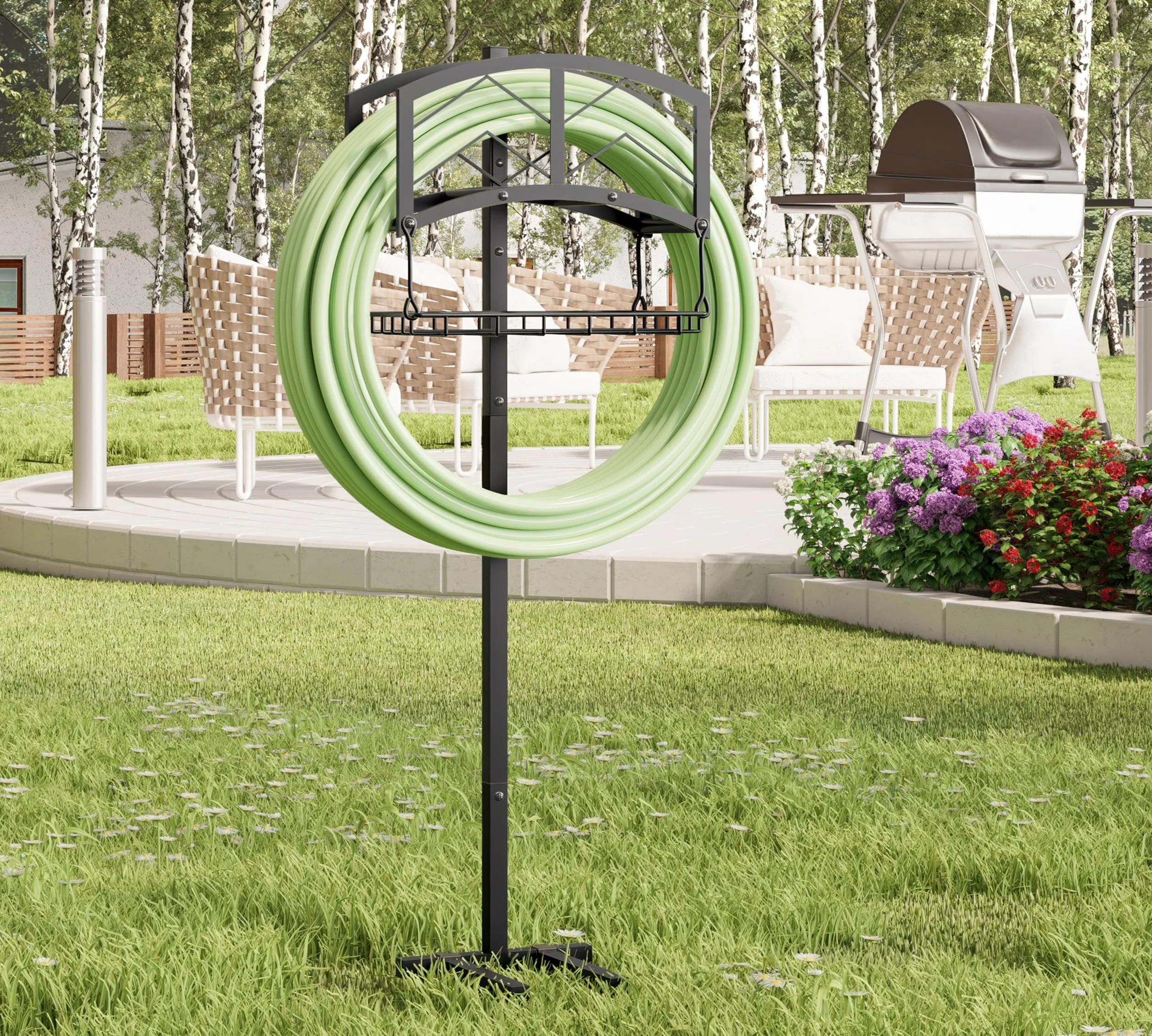 Kingson Support tuyau arrosage portable, panier rangement, acier noir robuste, contient tuyau 45m, design amovible outils