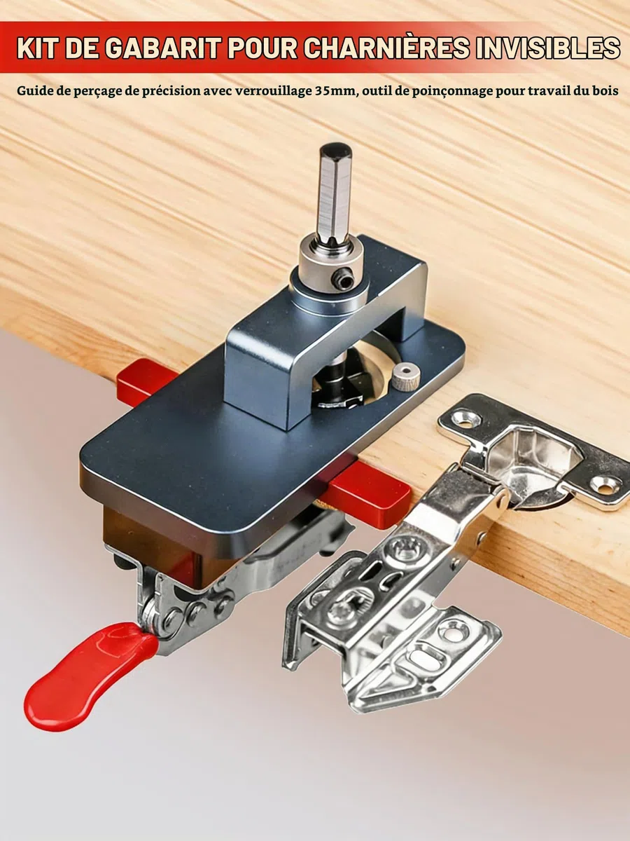 VOBOR Gabarit de Percage Charniere 35mm, Bloc de Positionnement 3-6 mm, Guide de Percage Dissimulé en Métal, Localisateur de Poinçon de Armoire, pour le Travail du Bois de Bricolage