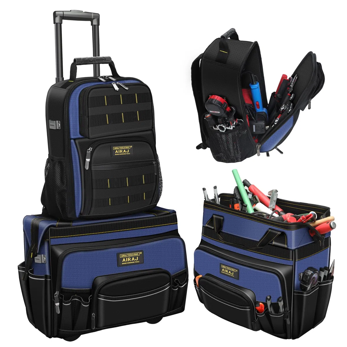 Sac a Outils à Roulettes 21 Pouces+Sac à Dos à outil 18 pouces AIRAJ,Poignée Télescopique Réglable,Sac Outils Imperméable,Sac à Dos à Outils Robuste,1680D Tissu Oxford,Port de Recharge USB,55 Poches
