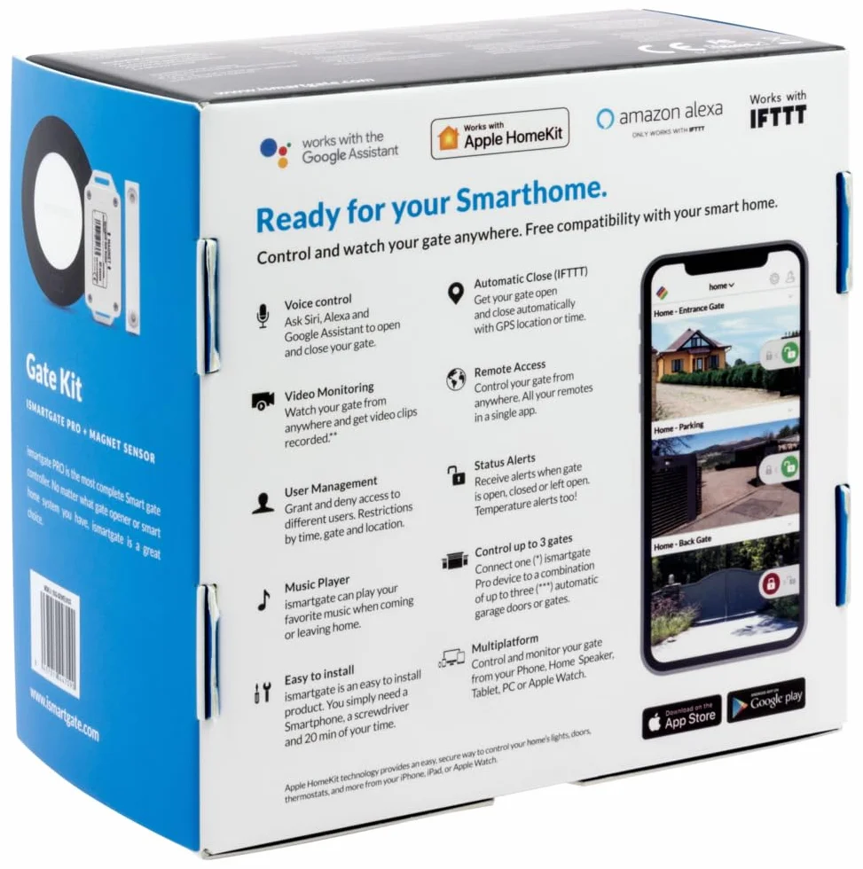 ismartgate Pro gate: périphérique Wi-FI permettant de contrôler et surveiller Jusqu’à Trois portails à Distance. Compatible avec Apple HomeKit (Siri), Google Assistant, Amazon Echo (Alexa) et iFTTT.