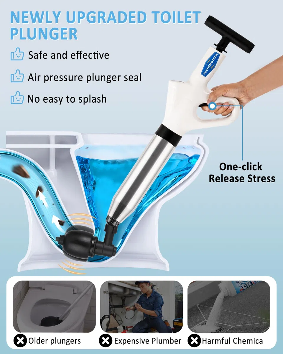YUCHENGTECH Déboucheur WC Puissant Deboucheur Toilette Haute Pression Pompe Deboucheur Canalisation avec un Support et 4 Têtes Remplaçables pour Déboucher les Toilettes/Lavabo/Baignoire/Drain de Sol