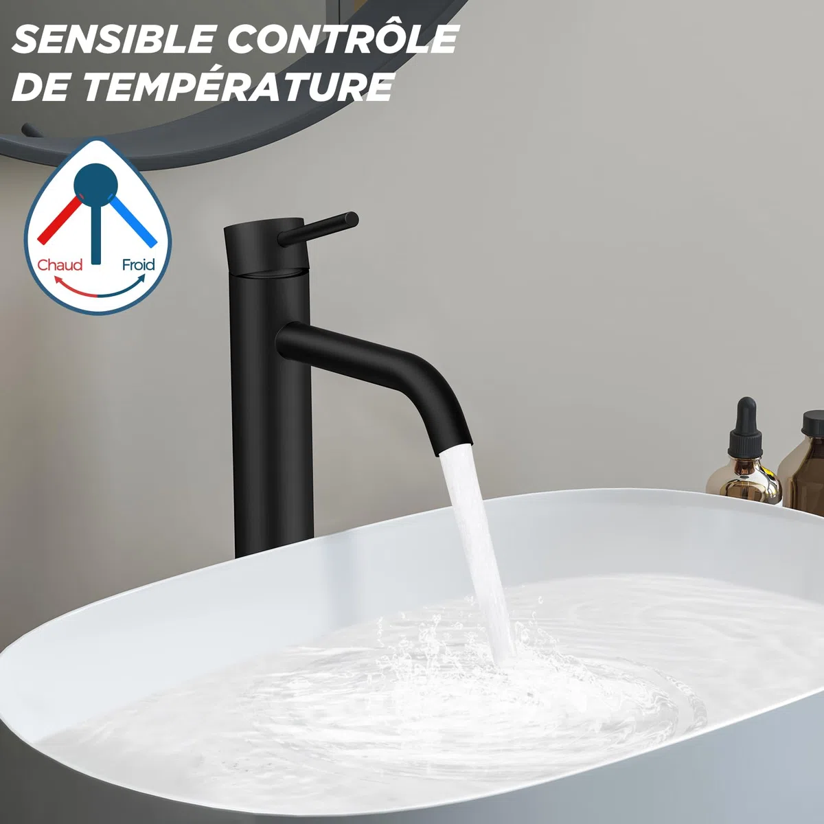 FORIOUS Robinet de Lavabo pour Salle de Bain, Mitigeur Haut en Noir avec Hauteur de Bec de 190 MM, Mitigeur à Levier Unique pour Lavabo dans la Salle de Bain, les Toilettes des Invités