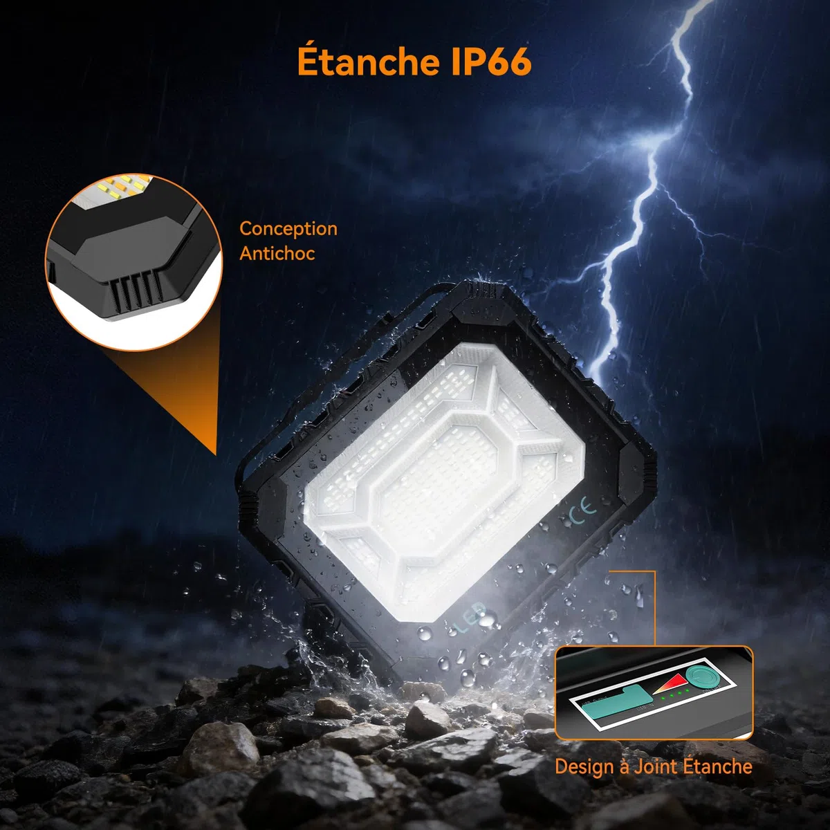 Adewalk Projecteur Chantier LED 150 W, 16000 lm Lampe de Travail Solaire & Batterie Rechargeable 16000 mAh, 5 Modes d'éclairage, Lampe de Camping Portable pour Travail, Pêche, Garage, Atelier