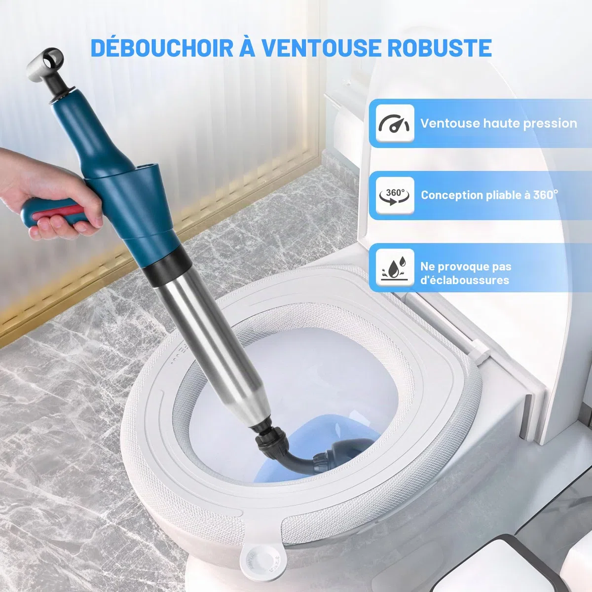 Déboucheur WC professionnel, Déboucheur de canalisations avec manomètre et pompe à air comprimé, 4 ventouses anti-éclaboussures avec crochet et spirale, pour toilettes, lavabos, baignoire, douche