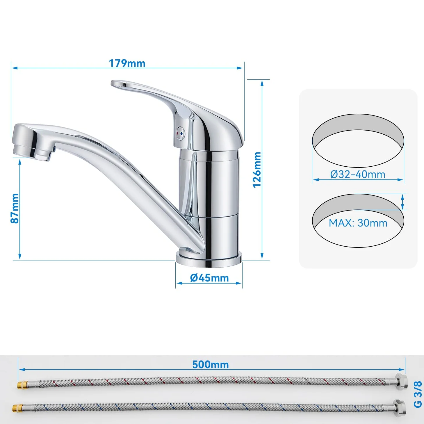 Robinet Salle de Bain Mitigeur Lavabo Chromé, Petit Robinet Lave Main Acier Inox, Aérateur Amovible, Chaud et Froid Réglable, Hauteur de Bec de 87 mm