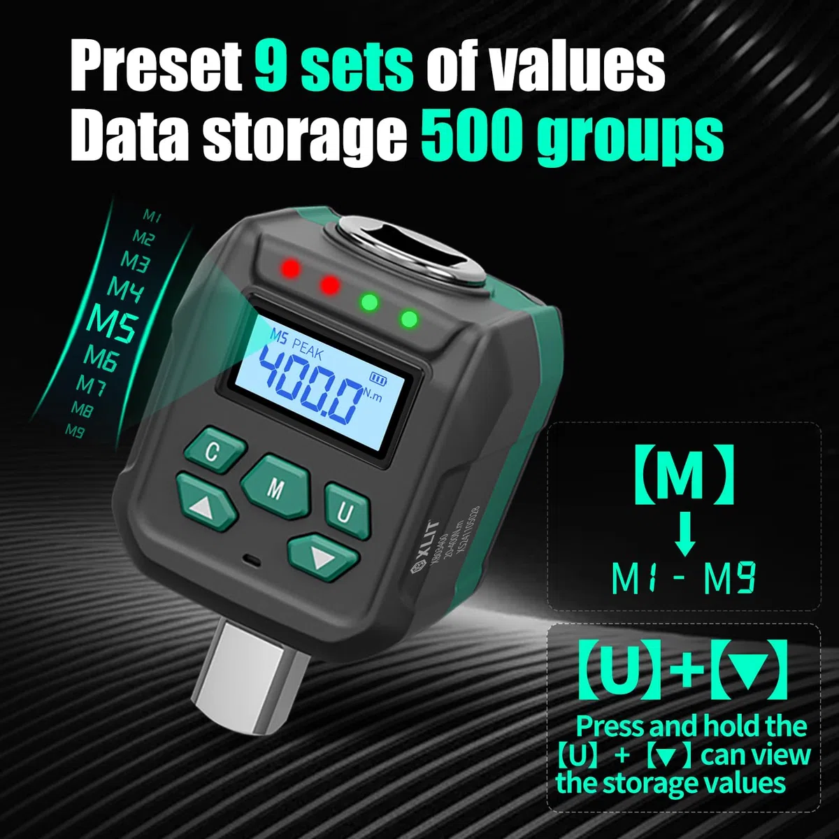 Adaptateur de couple numérique 1/2" ±2 % de précision 20-400 Nm avec signal sonore et affichage LED, kit d'adaptateur de douille 1/4" 3/8", pour la réparation automobile