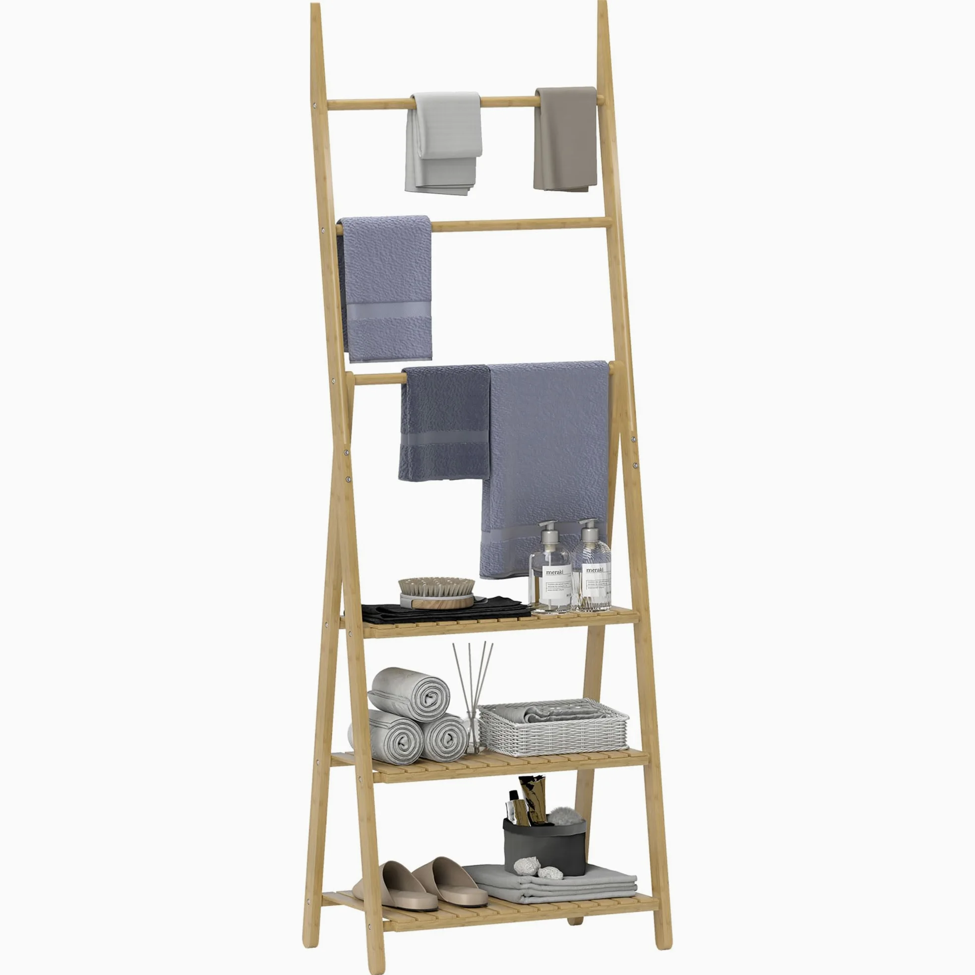 HOMCOM Étagère Salle de Bain en Bambou Pliable 3 Niveaux au Sol étagère à échelle avec Porte-Serviettes, présentoir de Plantes pour Salon, Salle à Manger, Balcon, 53,5x30x153cm, Effet Bois Naturel
