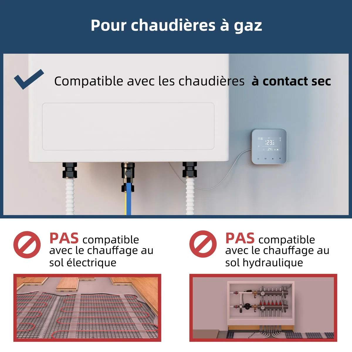 Beok Thermostat WiFi pour chaudières gaz et fioul,Thermostat Mural à 2 Fils,Programmation Quotidienne,Alimentation par Pile ou USB,Compatible avec Tuya Smart APP,Alexa