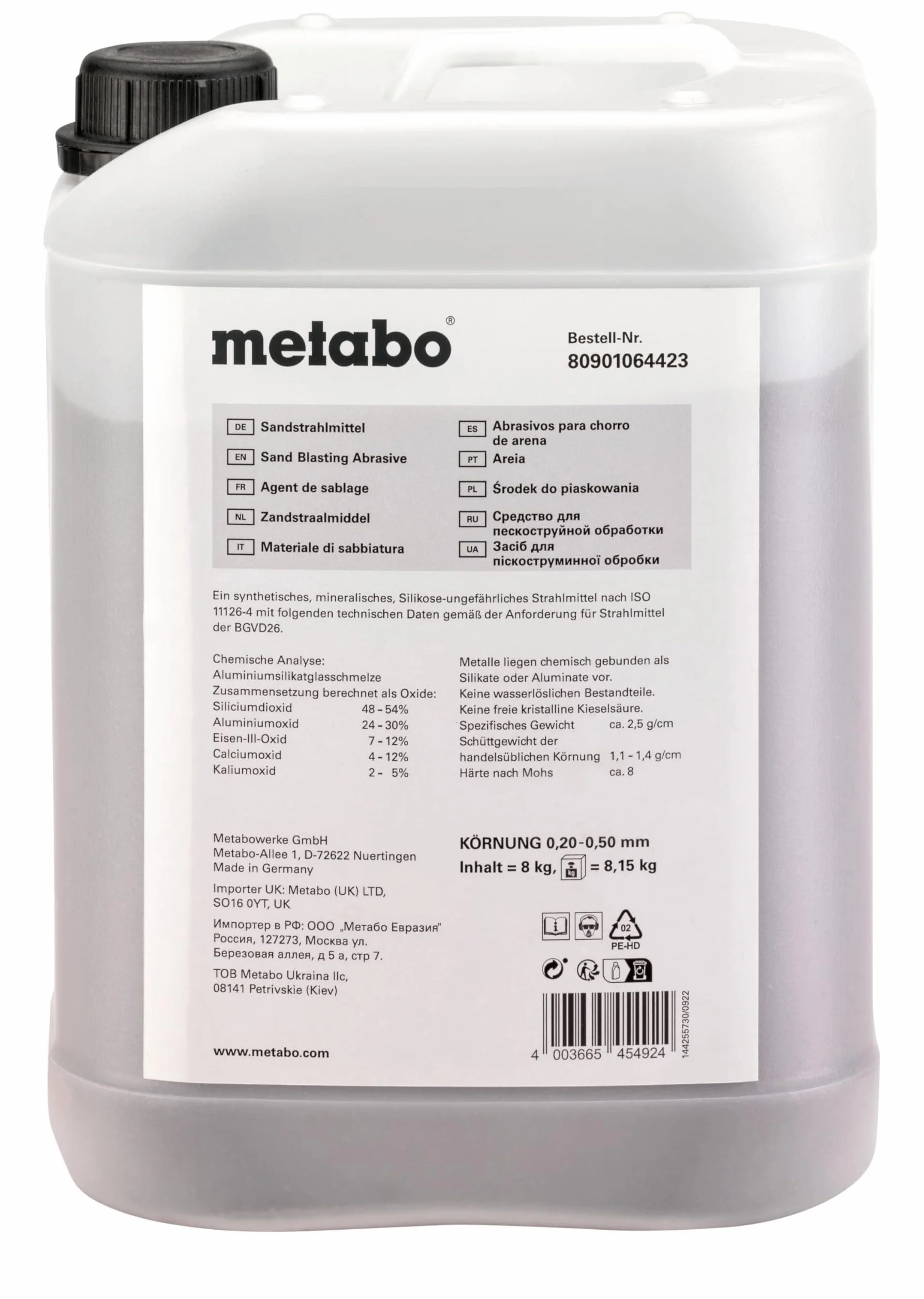 metabo Abrasif de Sablage 8 kg, Granulométrie 0,2-0,5 mm, 0901064423 | Matériau synthétique minéral pour métal, verre et pierre. Élimine rouille et peinture, idéal pour nettoyage de précision.