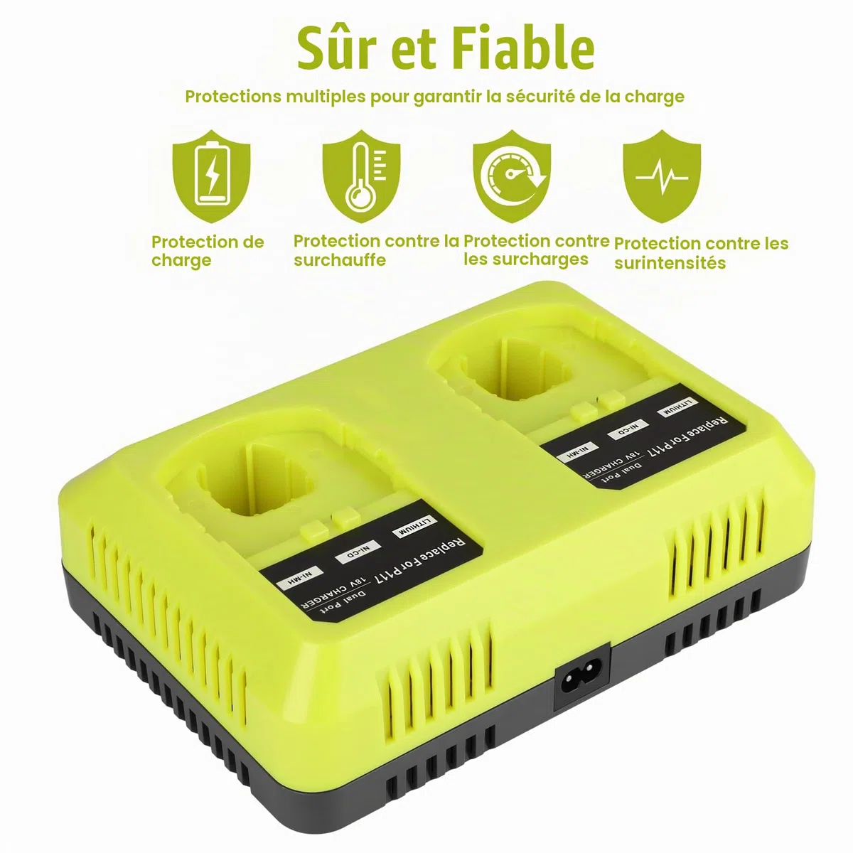 KUNLUN P117 Chargeur pour Ryobi 18V Batterie, 2 Ports Chargeur de Remplacement pour Ryobi One+ P108 P107 P104 P105 P102 P103 P117 Batterie Li-ION/Ni-Mh | Compatible avec les batteries lithium-ion Ryobi 18 V P102 P108 P189 P197 P103 P105 P107 P190 P191 PBP