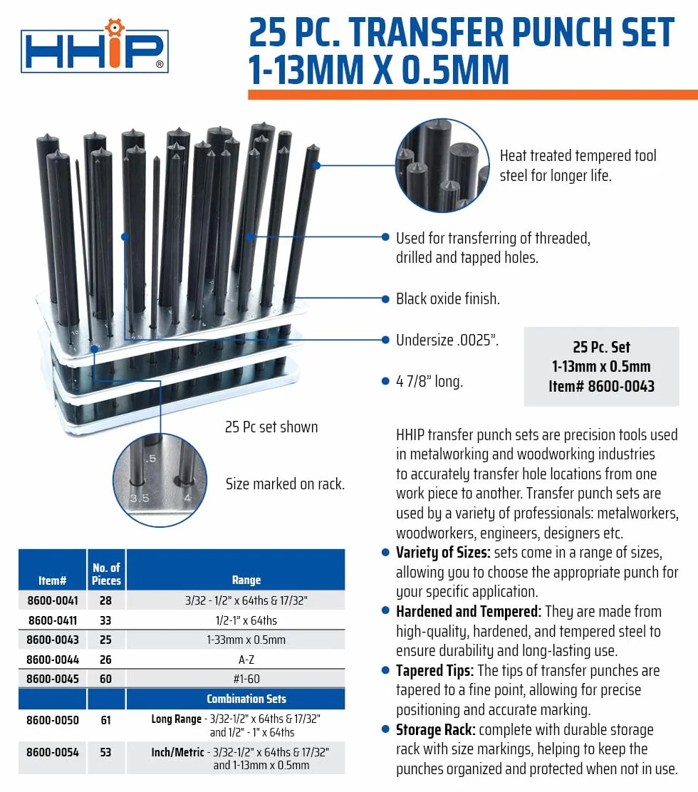 HHIP 8600-0043 25 Piece 1-13mm Metric Transfer Punch Set