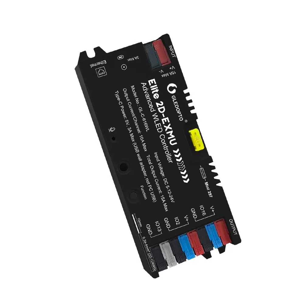 GLEDOPTO Contrôleur ESP32 WLED Elite - Relais, Ethernet, Audio Réactif, Fusible 20A - Pour Bandes LED Adressables Numériques WS2811, WS2812, SK6812, WS2815 (noir)