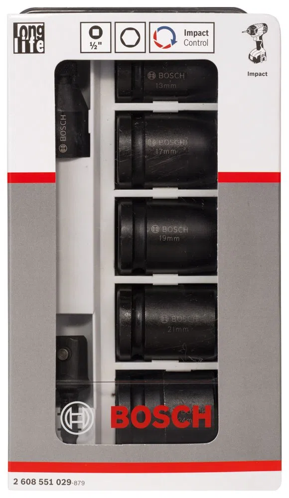 Bosch Accessories 2608551029 Assortiment de douilles adaptables impact control 7 pièces surplat 13/surplat 17/surplat 19/surplat 21/surplat 24/40 mm/2 adaptateurs Noir