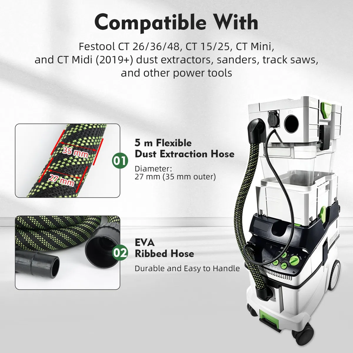 Tuyau d'Aspirateur 5 m Compatible avec Festool CT 26/36/48, CT 15/25, CT MINI & CT MIDI à partir de 2019, Aspect Peau de Serpent, Tuyau d'Aspiration Léger Anti-Pli pour Ponceuses Systèmes d'Extraction