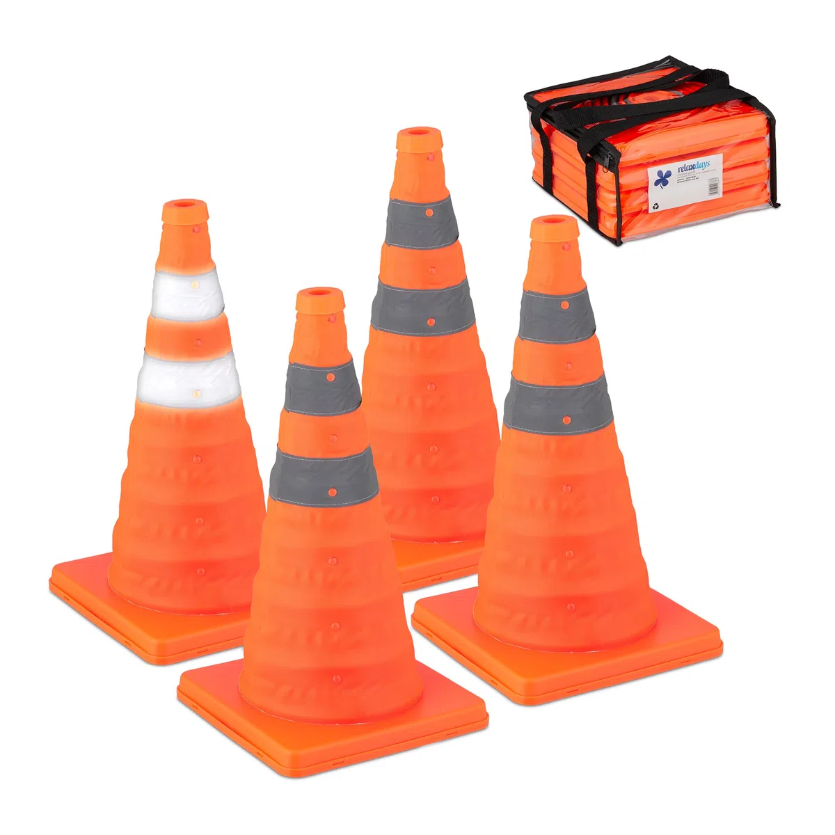 Relaxdays Cône de signalisation, lot 4, Pliable, Bandes réfléchissantes, HLP : 45 x 24,5 x 24,5 cm, Orange et argenté
