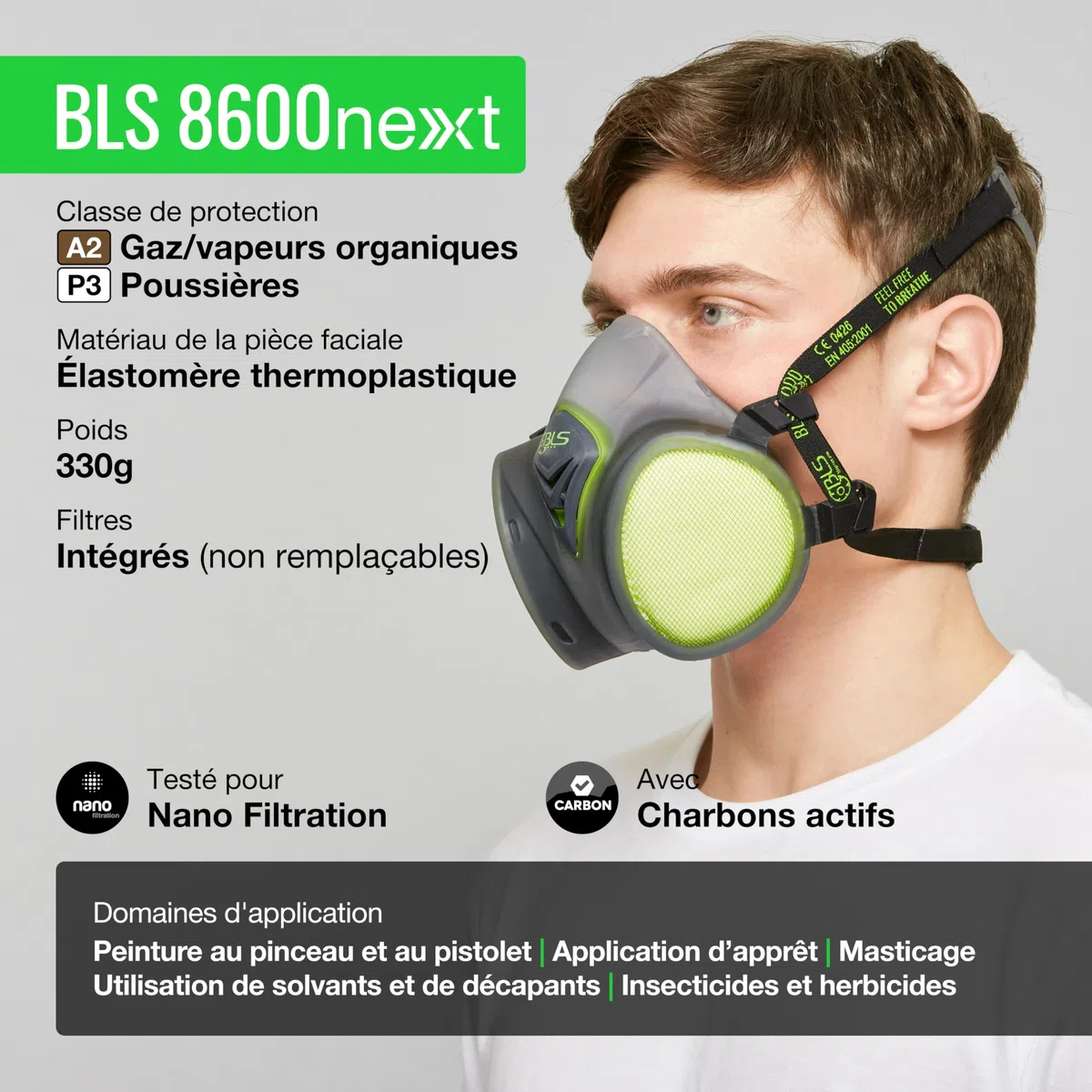 BLS 8600next A2P3 R D Demi-masque de Protection en TPE avec Filtres A2P3 Intégrés, Prêt à l'Emploi et Sans Entretien. Pour Gaz/Vapeurs, Poussières, Mauvaises Odeurs, peinture, Masticage et Solvants