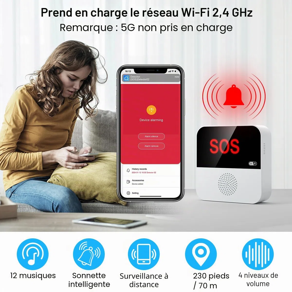 Bouton d'appel urgence WiFi + RF pour les personnes âgées - Système d'alerte pour les seniors - 1 bracelet d'appel - 1 récepteur