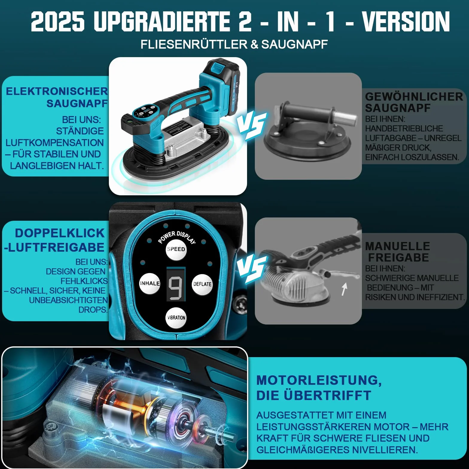 Secoueur de carrelage 2 en 1 sans fil et ventouses avec 2 batteries de 2000 mAh, vibromasseur de carrelage avec ventouse de 22,5 x 12 cm, adsorption 250 kg, 9 vitesses réglables 25 000 tr/min