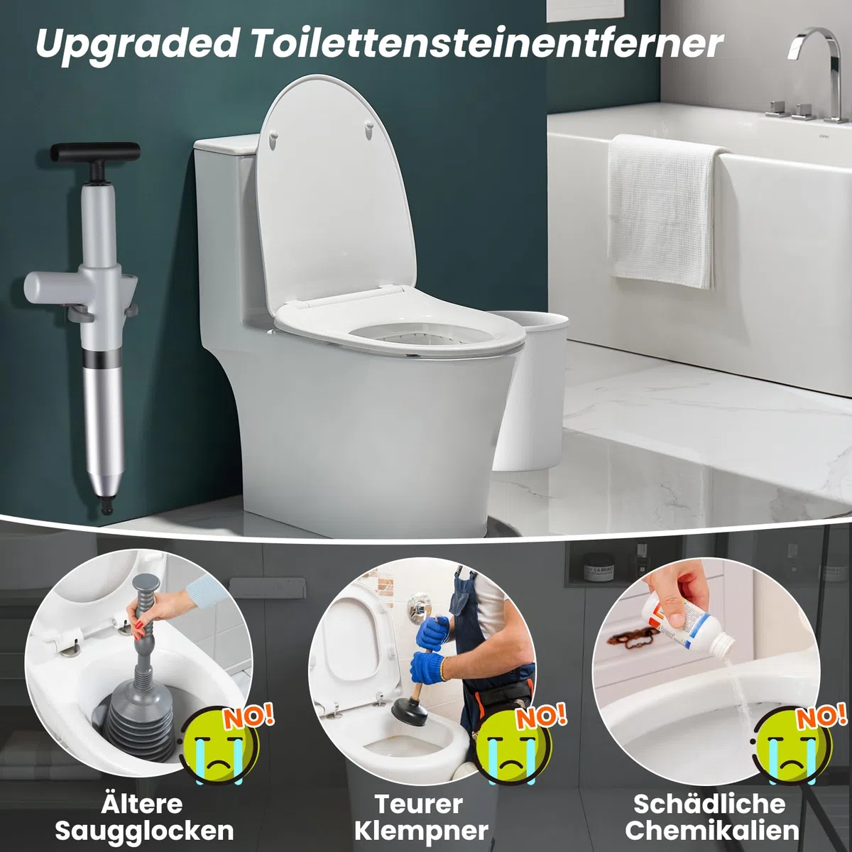 Pompe de débouchage haute pression avec indicateur de pression d'air, déboucheur d'air comprimé avec 4 ventouses, ventouse grise pour lavabo, toilettes, salle de bain, douche, cuisine
