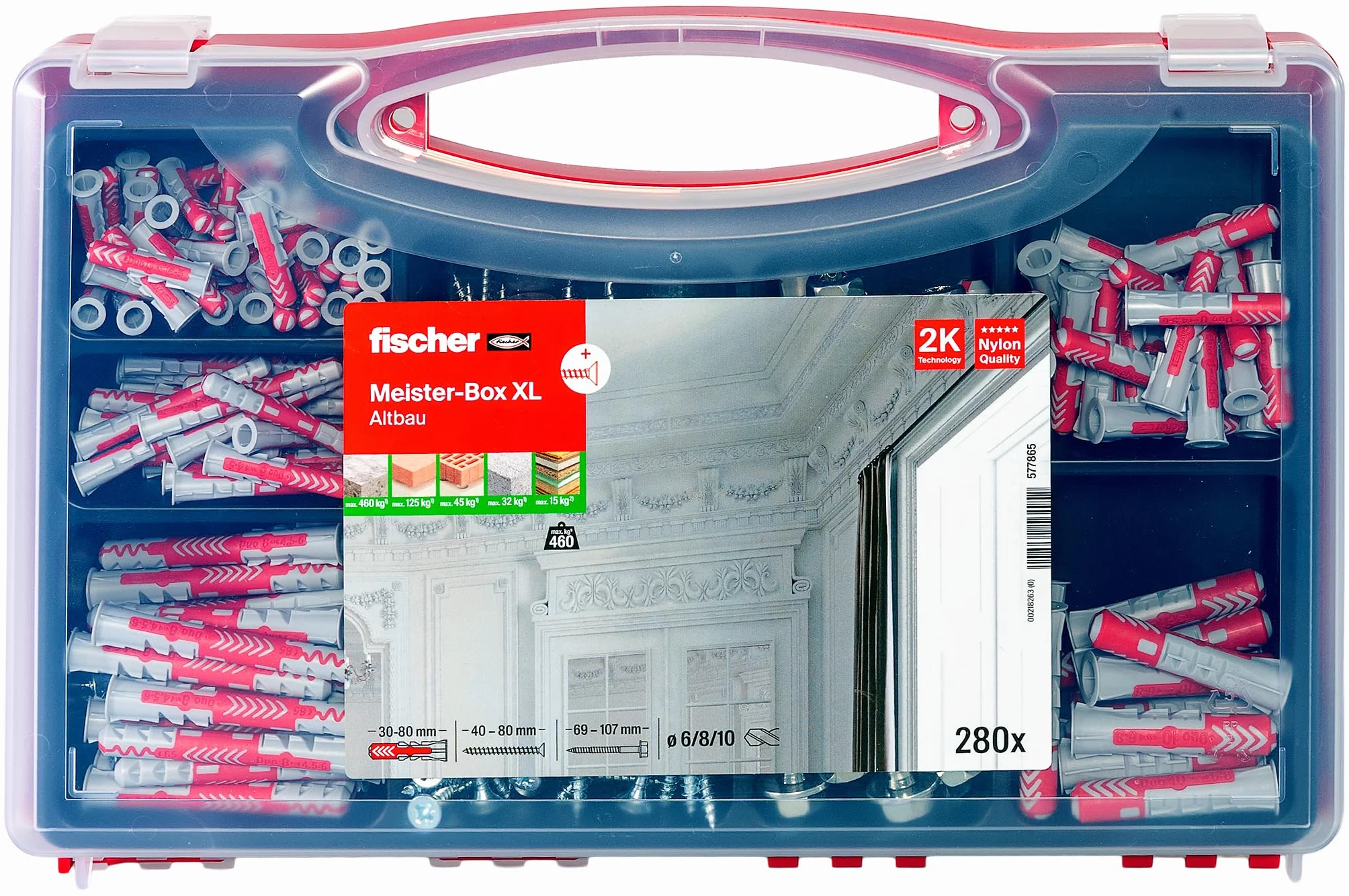 Fischer Meister-Box XL Altbau, 280 pièces de chevilles et vis, diamètre 6-10 mm, longueur 30-80 mm, pour bricoleurs et professionnels, chevilles universelles DuoPower, idéales pour les murs et les