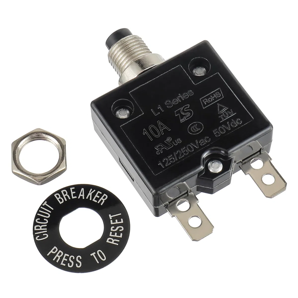 HUWREW Disjoncteur à bouton-poussoir 10 A 125-250 V AC 50 V DC Série L1 Réinitialisation manuelle Disjoncteur thermique 10 A Protection contre les surcharges thermiques