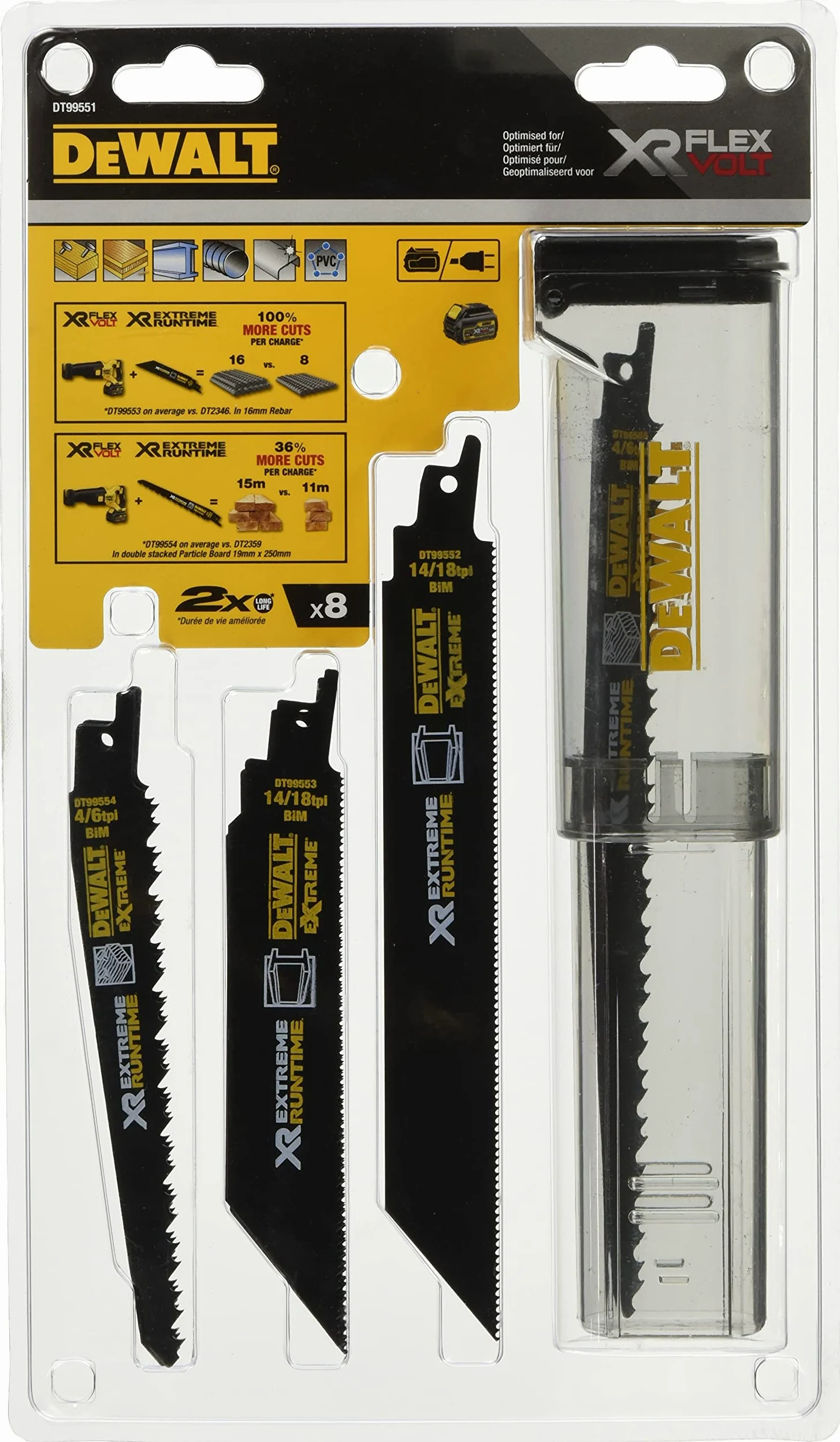 DEWALT Coffret de 8 Lames de Scie Sabre XR Runtime pour la Coupe du Bois et du Métal 152-230mm DT99551-QZ