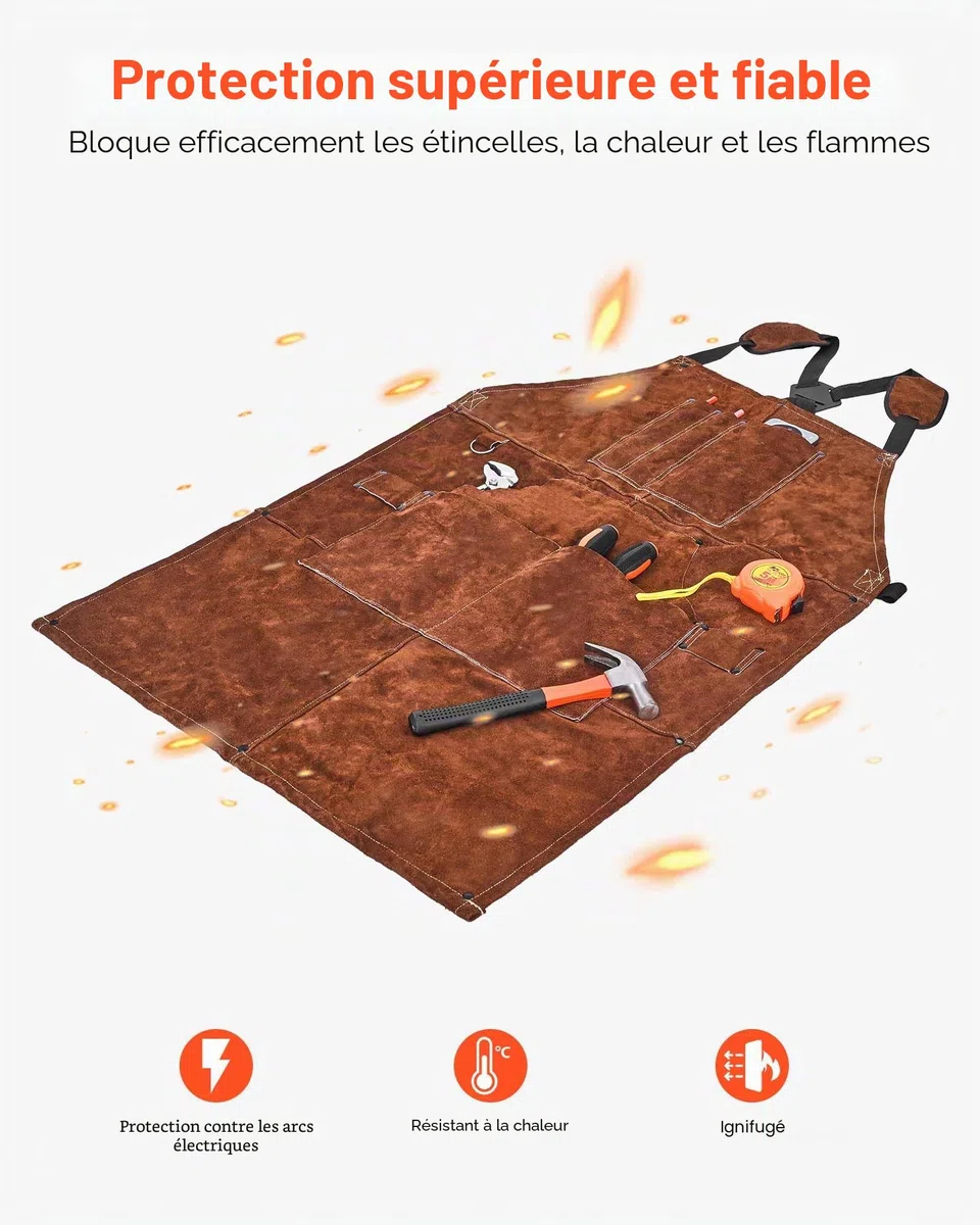 VEVOR Tablier de Soudage en Cuir de Vachette, Tablier de Soudeur Résistant aux Flammes, à la Chaleur, avec 6 Poches, Protection Étincelles pour Hommes, Femmes, de Travail du Bois, Jardinage, Barbecue