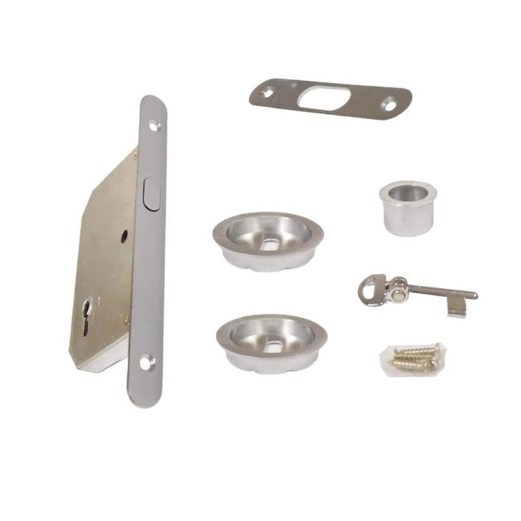Kit de Verrou de Porte Coulissante avec Rosace Ronde et Clé, Poignée avec Verrou pour Porte Coulissante (Chrome Satiné)