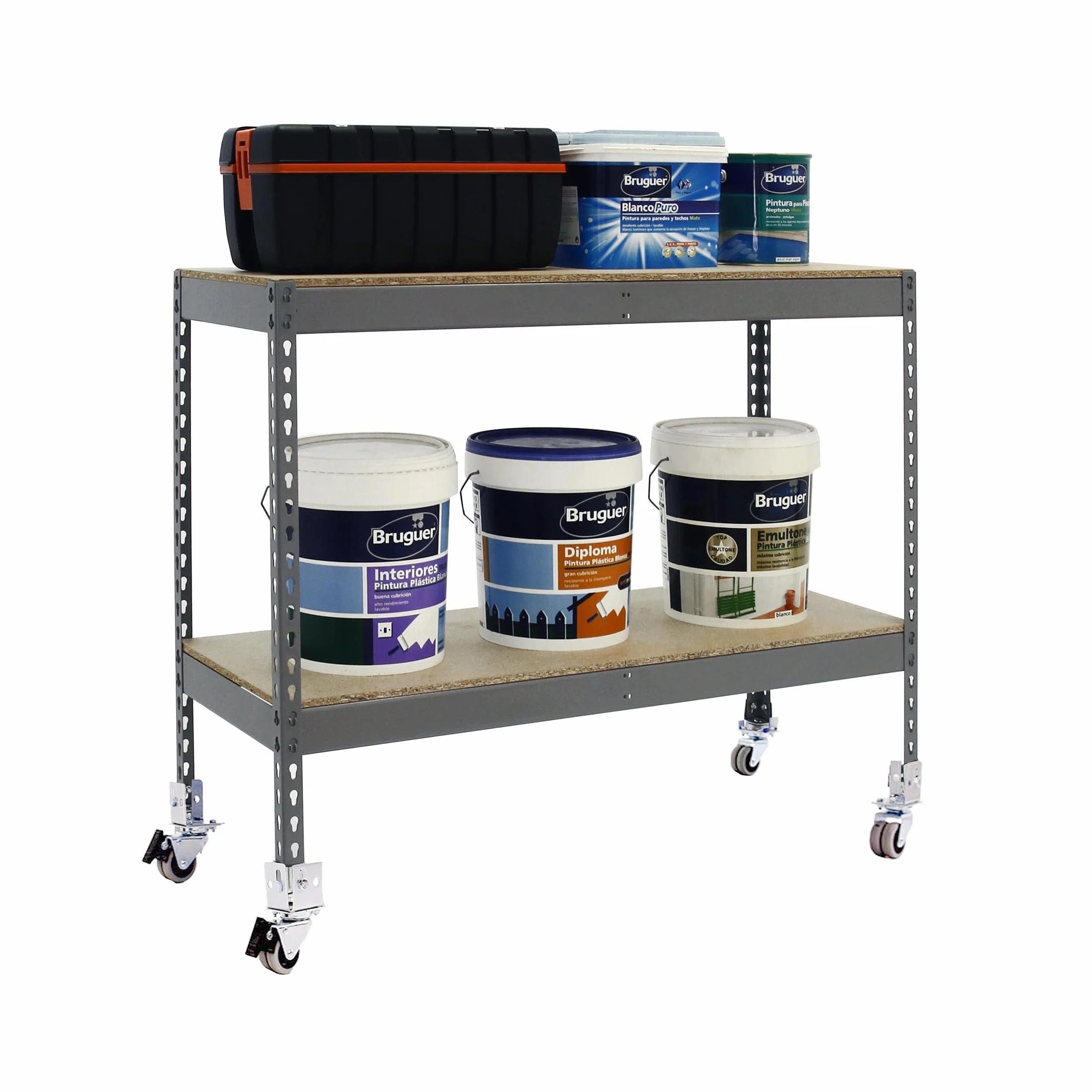 Simon Rack Étagère Charge Lourde avec Roues 975x1200x600 mm, 2 Niveaux Bois, 75 kg par Niveau, Structure Acier, Gris/Bois - Ecoforte