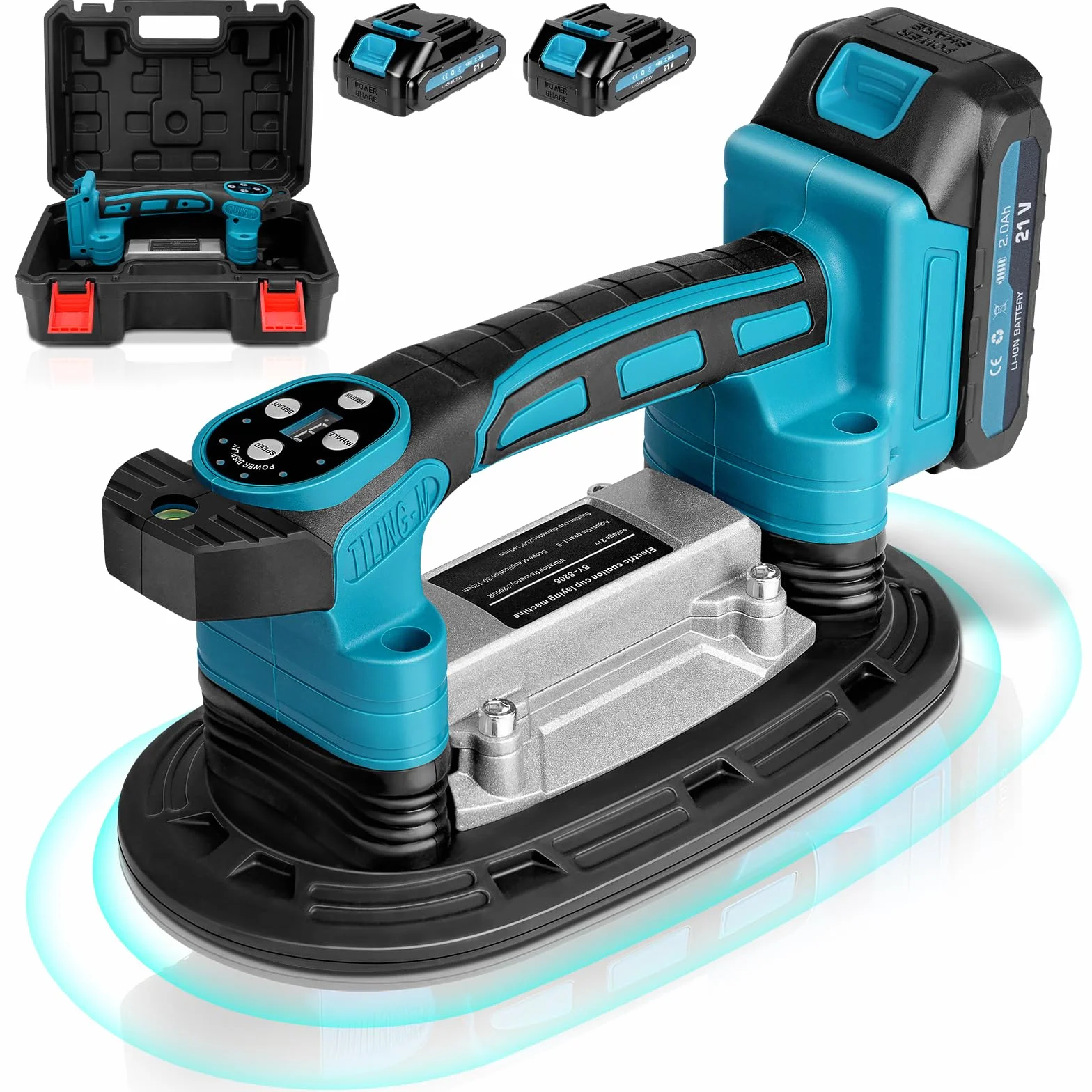 Secoueur de carrelage 2 en 1 sans fil et ventouses avec 2 batteries de 2000 mAh, vibromasseur de carrelage avec ventouse de 22,5 x 12 cm, adsorption 250 kg, 9 vitesses réglables 25 000 tr/min